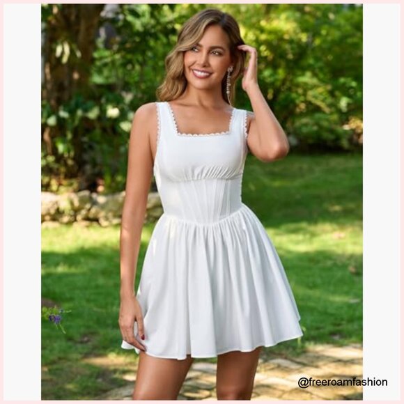 Summer Floral Corset Mini Dress Square Neck Lace A-Line Party - Picture 3 of 6